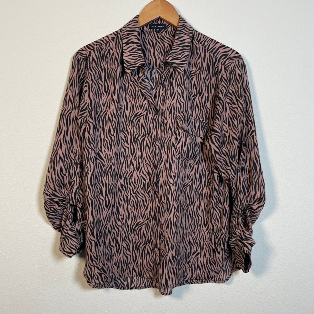 Pleione Zebra Print Button Up Blouse Women L Brown Black Tab Sleeve Casual